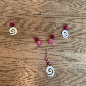 Pink and White Bead Necklace + Earrings